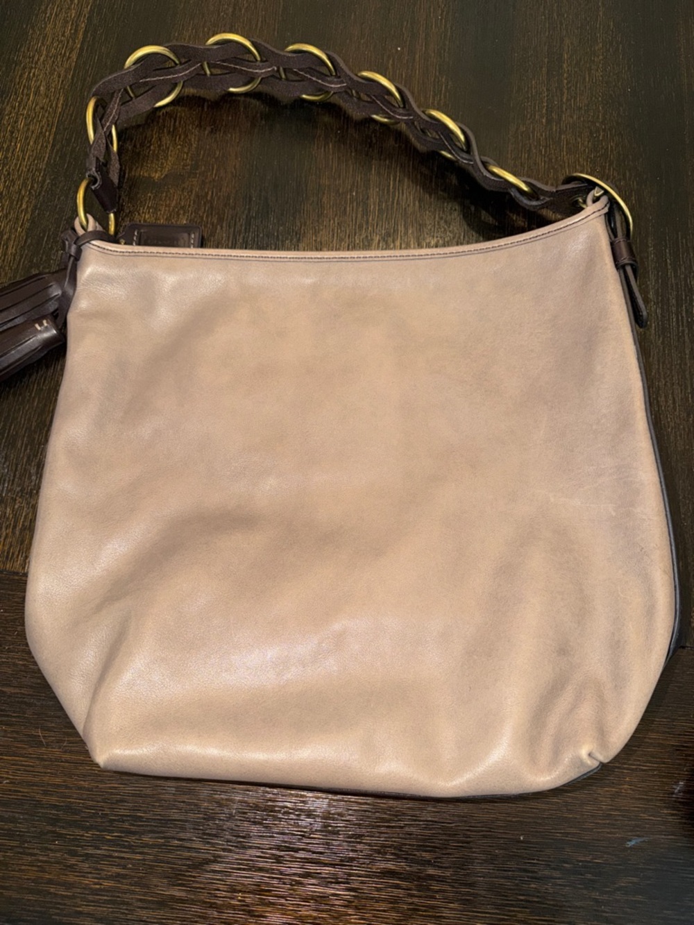COACH Soft Taupe Leather Shoulder Bag with Braided Dark Brown Handle - Picture 9 of 16